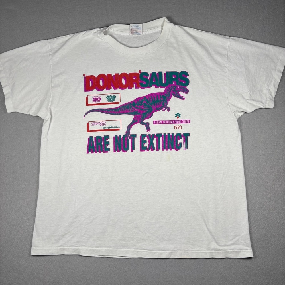 Vintage 90s Donorosaurs Dinosaur Promo Tee XL White Single Stitch 1993 USA Made
